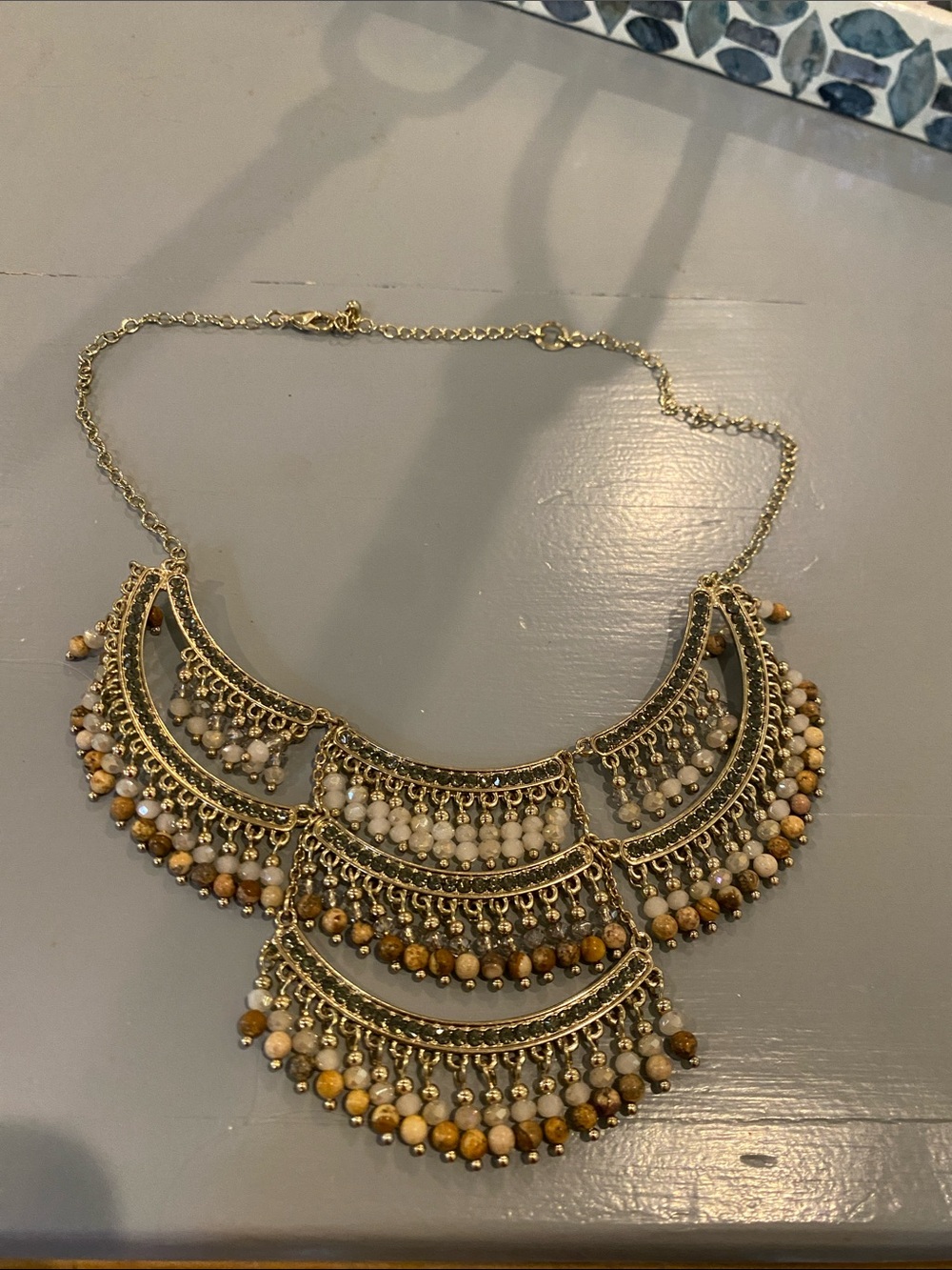 Boho Gold-Tone Layered Bead Fringe Necklace in Beige & Brown
